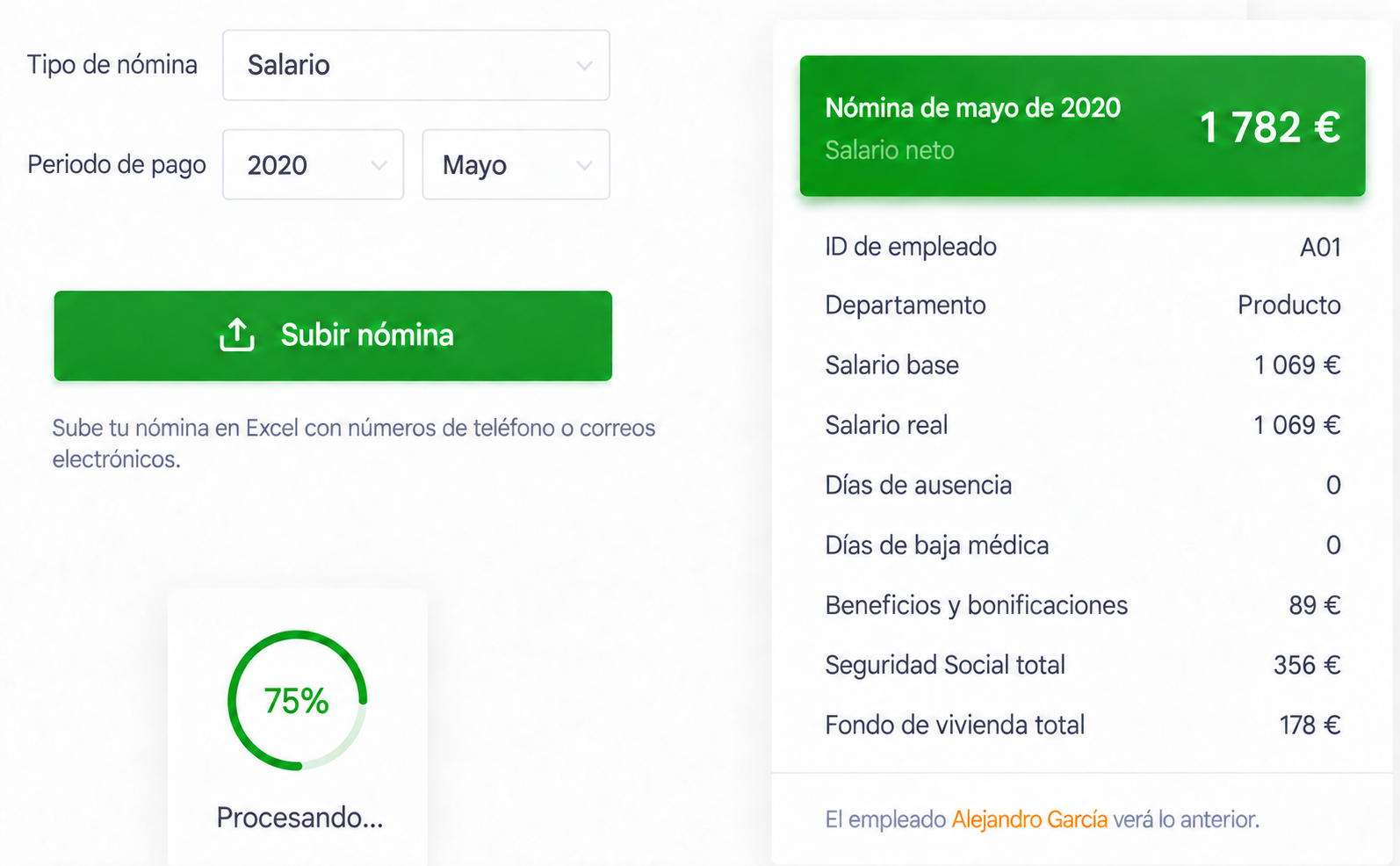 Interfaz de SugarHR para preparar y enviar recibos de nómina desde Excel