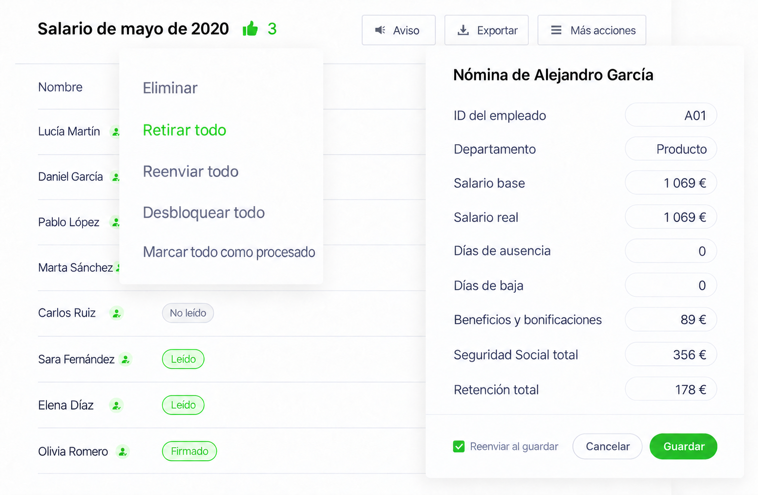Interfaz de SugarHR: retirada, corrección y reenvío de recibos