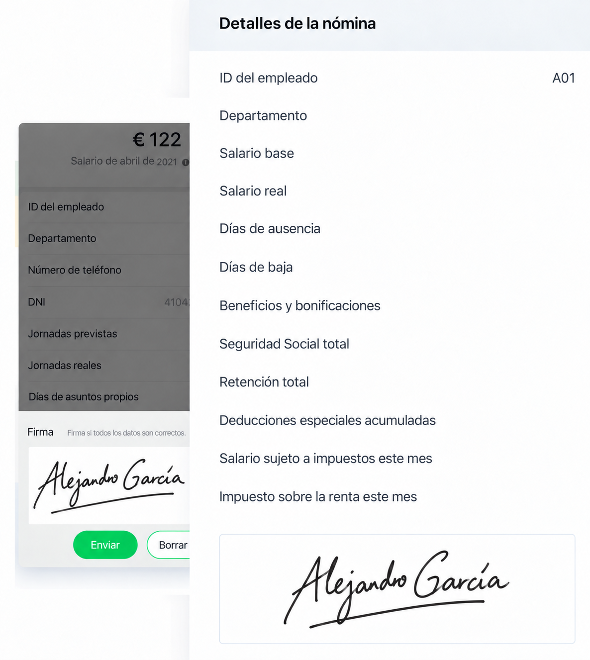 Interfaz de SugarHR: firma manuscrita en recibos