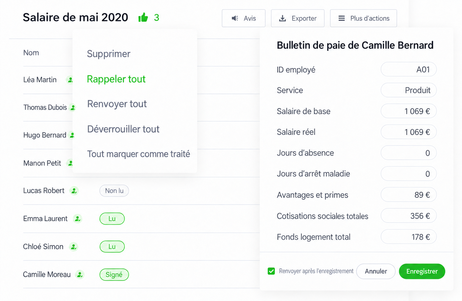 Interface SugarHR : correction et renvoi de fiches de paie