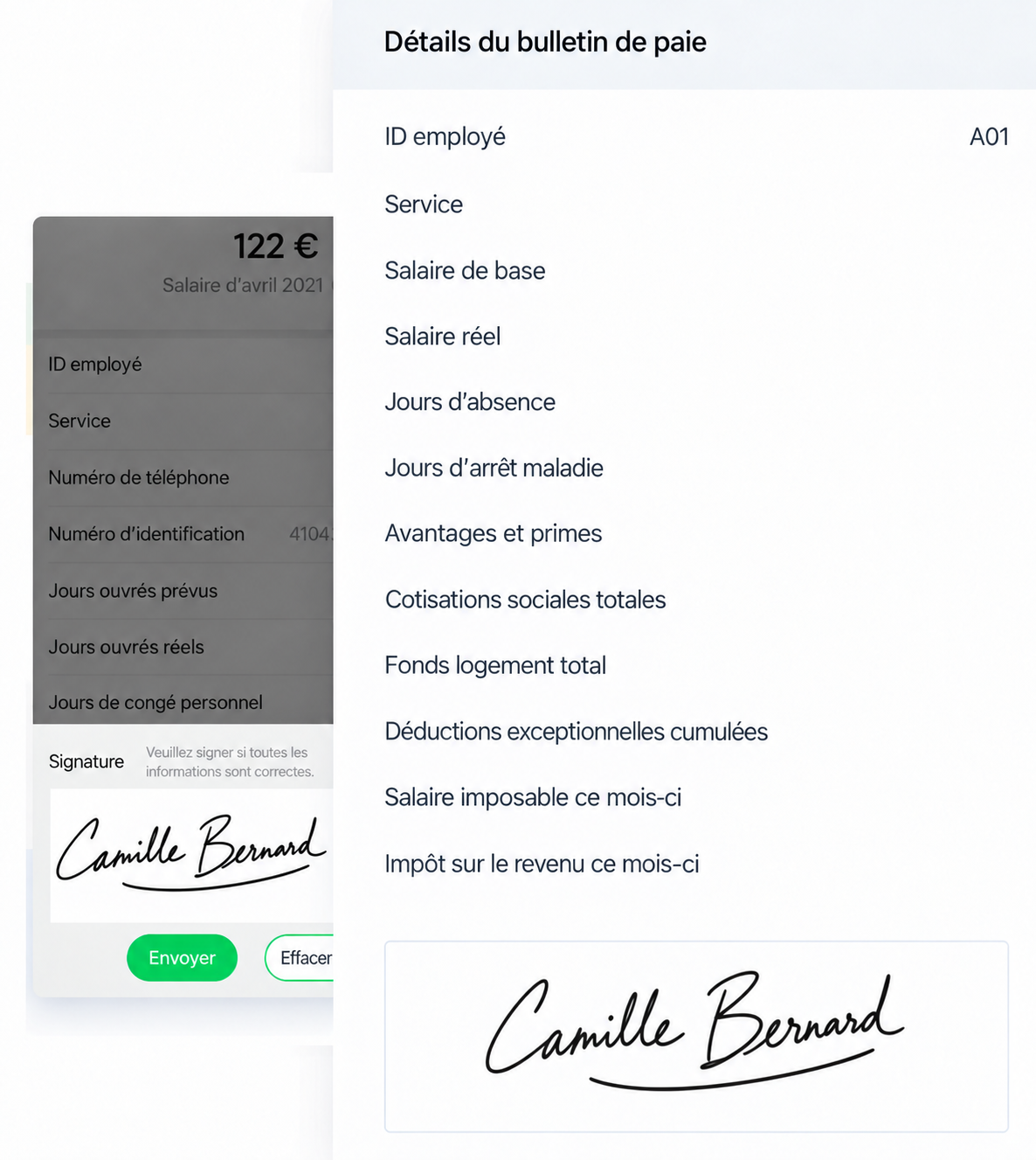 Interface SugarHR : signature manuscrite sur une fiche de paie
