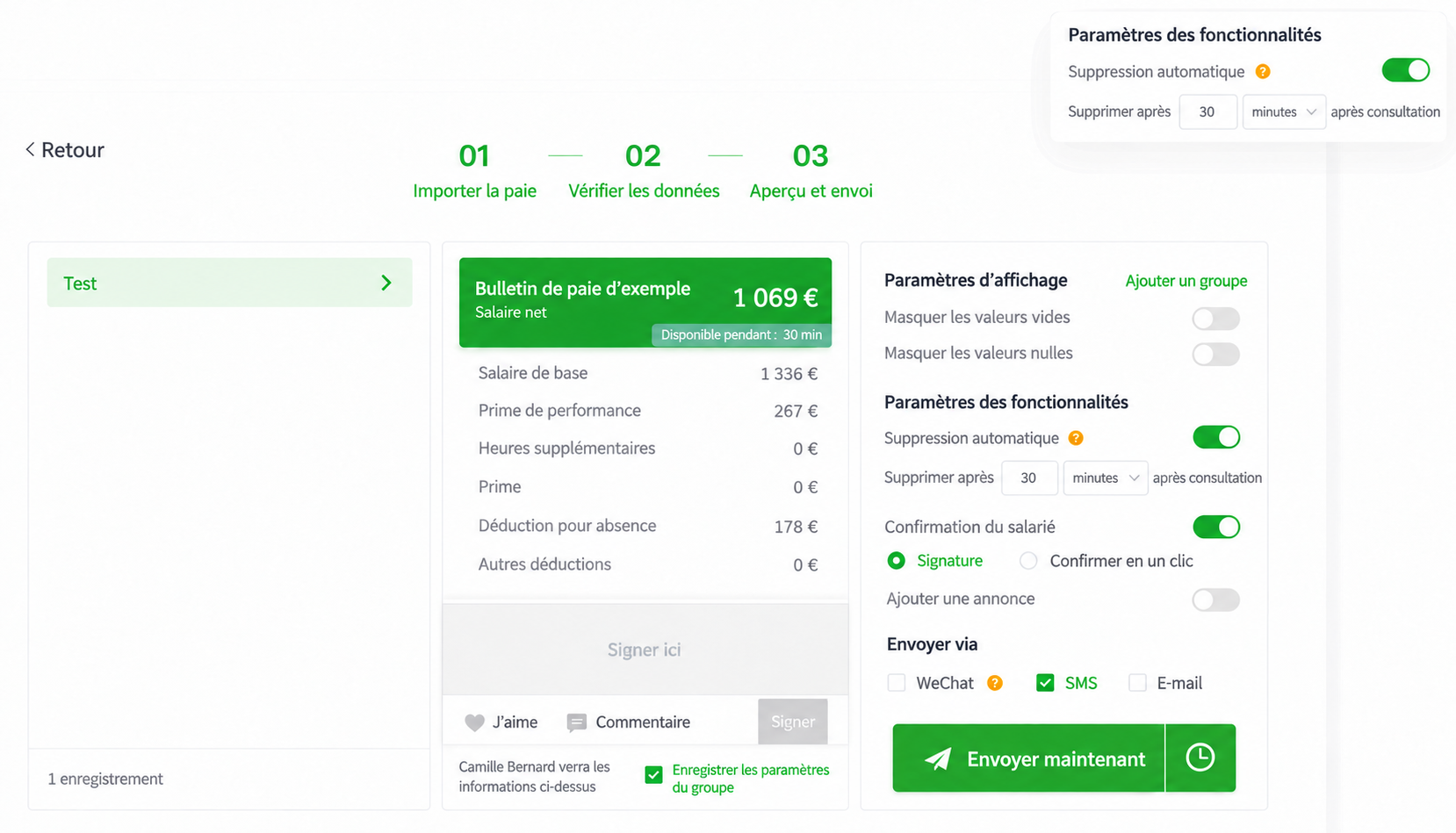 Interface SugarHR : accès limité aux fiches de paie