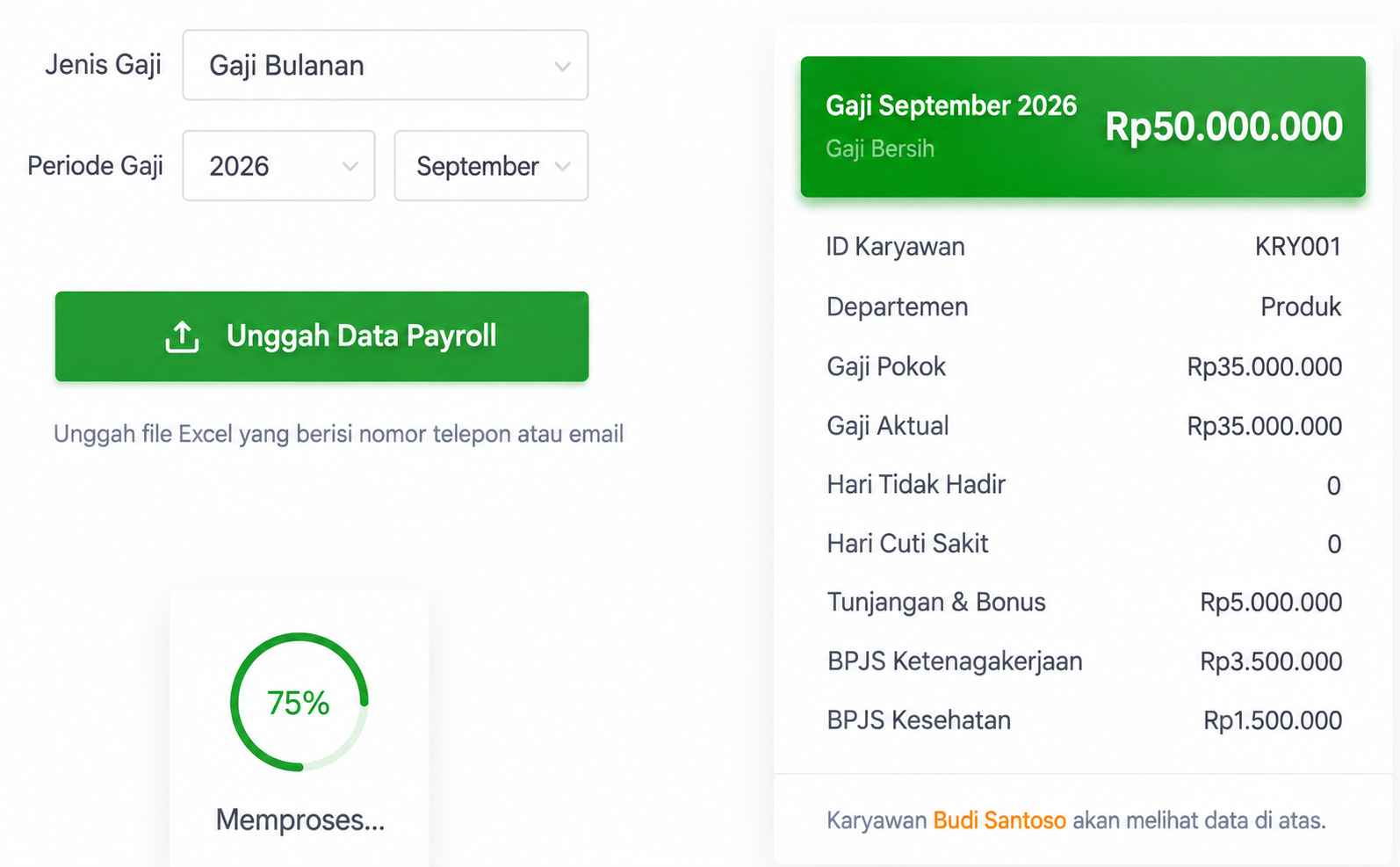 Antarmuka SugarHR untuk menyiapkan dan mengirim slip gaji dari file payroll