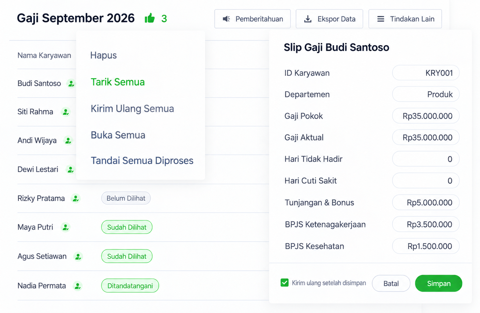 Tampilan produk SugarHR untuk koreksi dan pengiriman ulang slip gaji