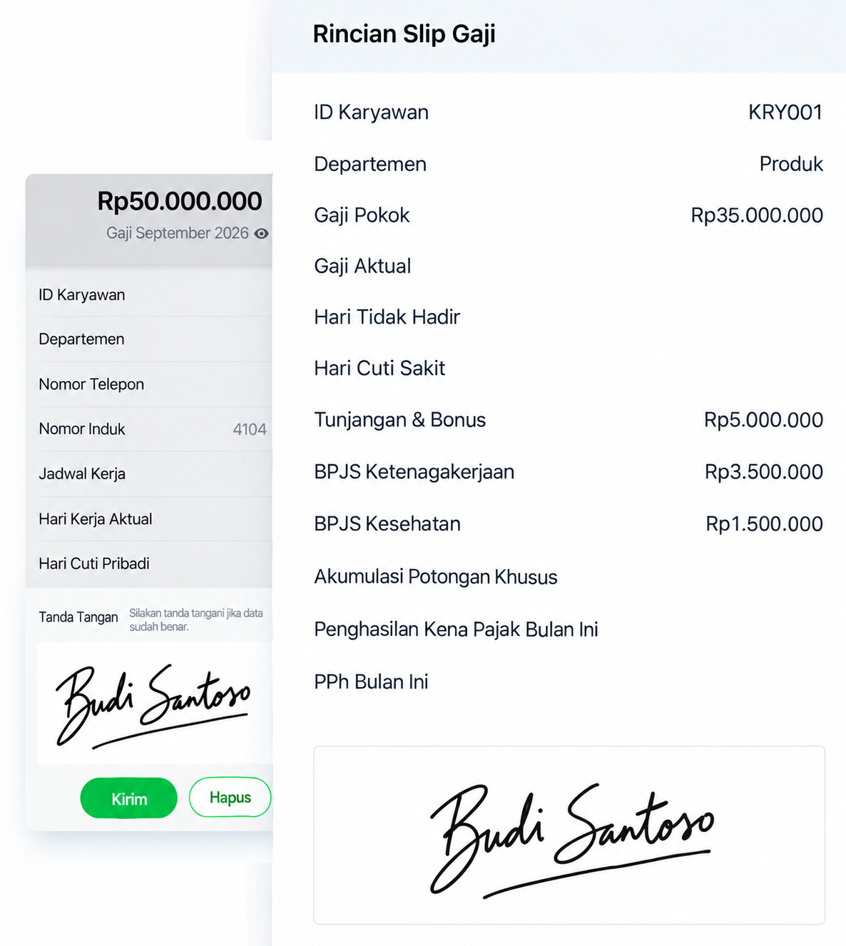 Tampilan produk SugarHR untuk tanda tangan pada slip gaji