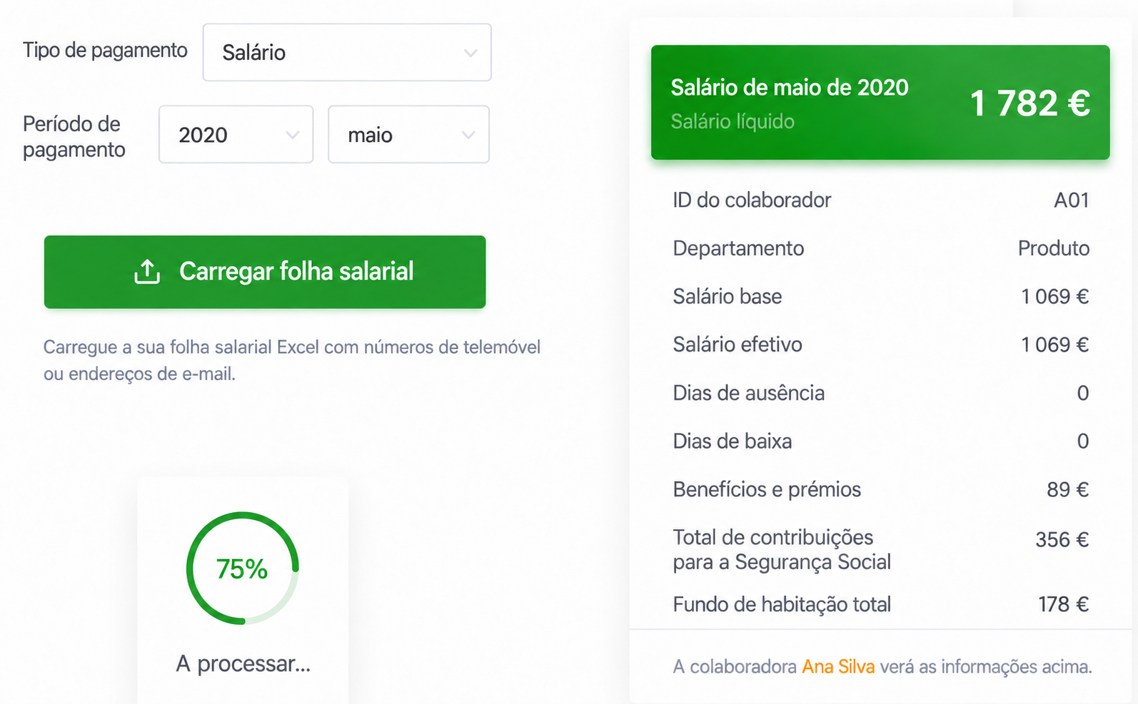 Interface SugarHR para importar folhas salariais Excel e distribuir recibos de vencimento