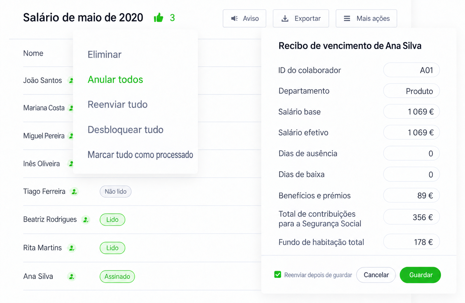 Interface SugarHR: anular, corrigir e reenviar recibos