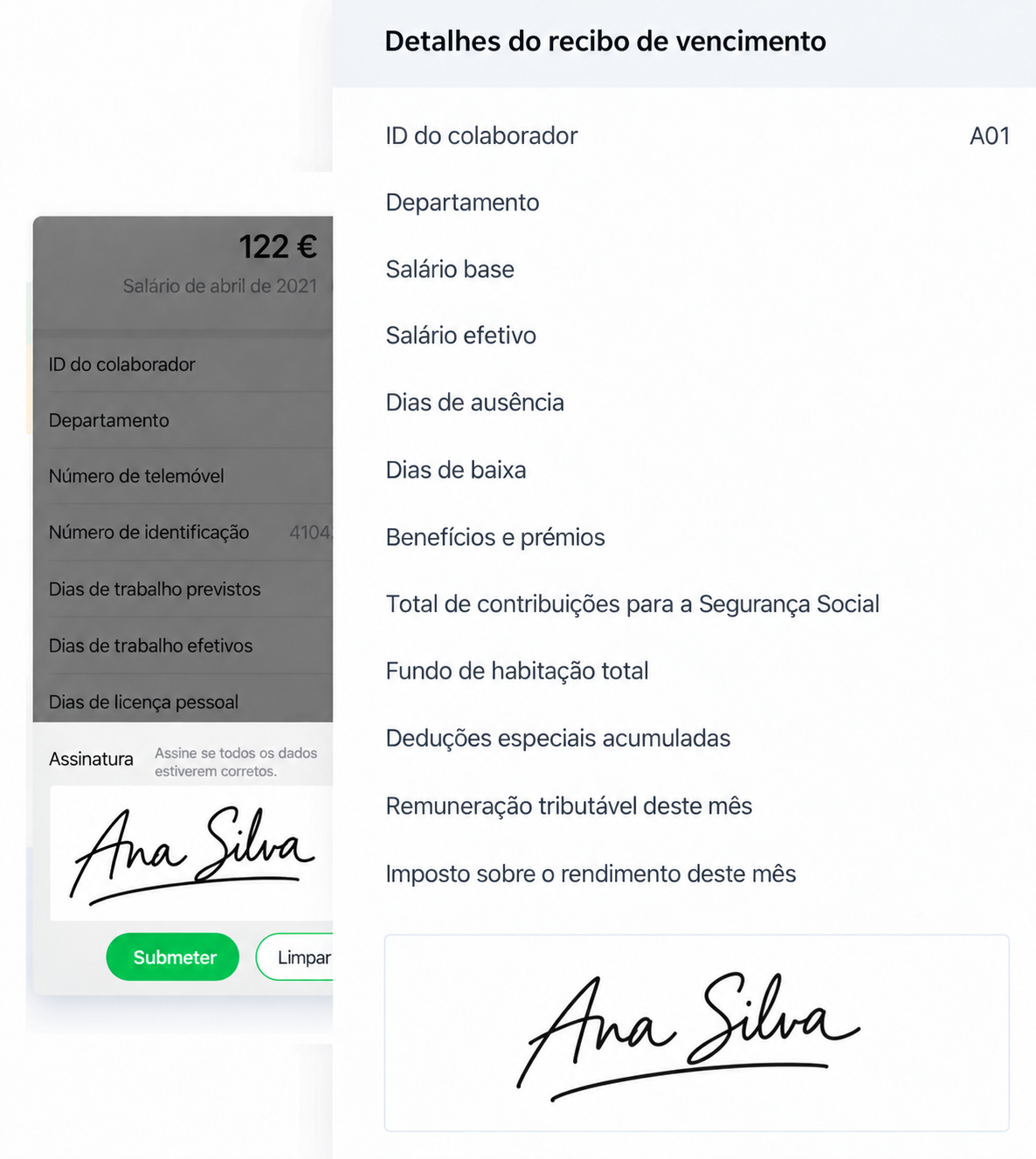 Interface SugarHR: assinatura manuscrita em recibos