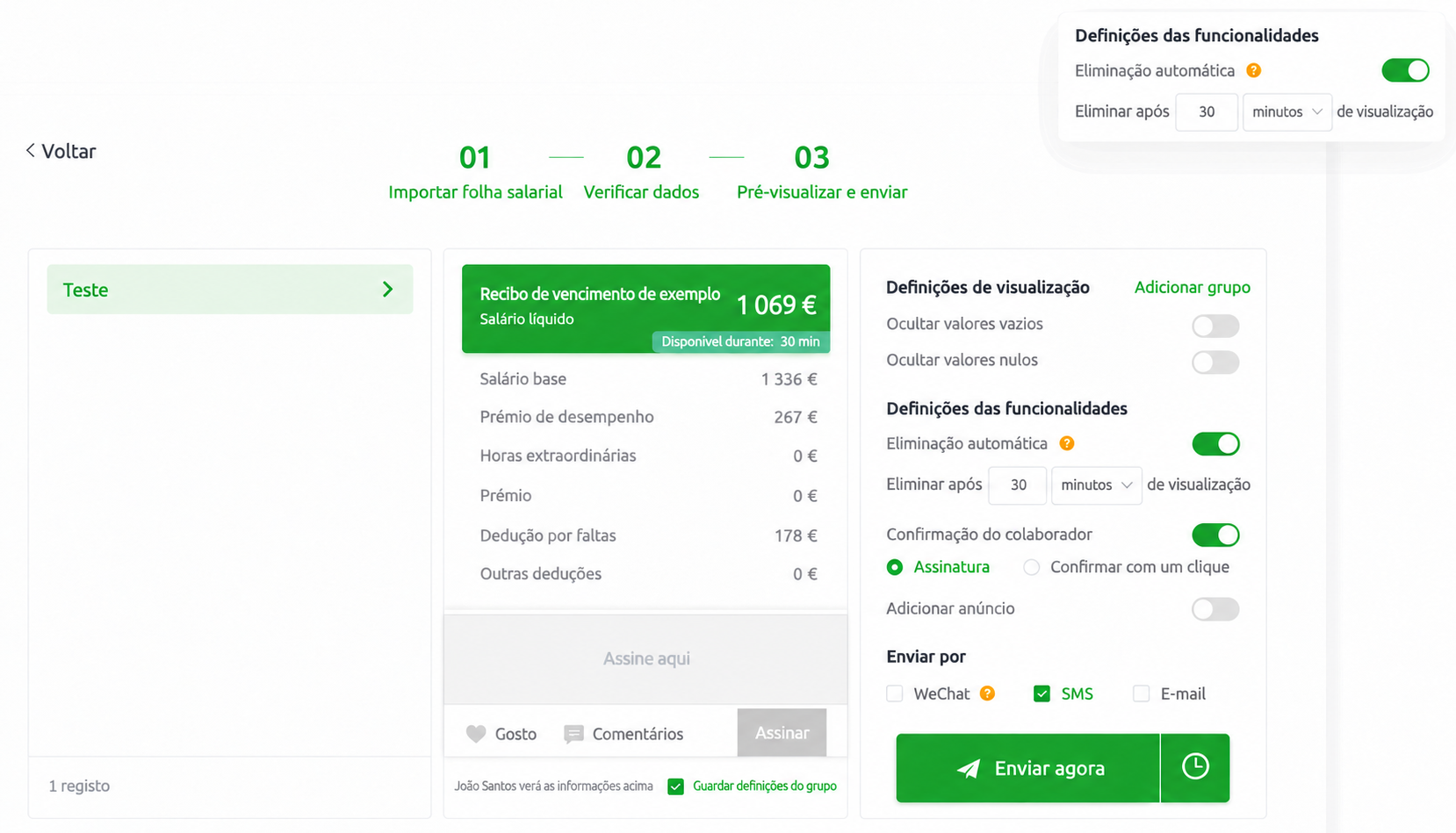 Interface SugarHR: acesso temporário a recibos