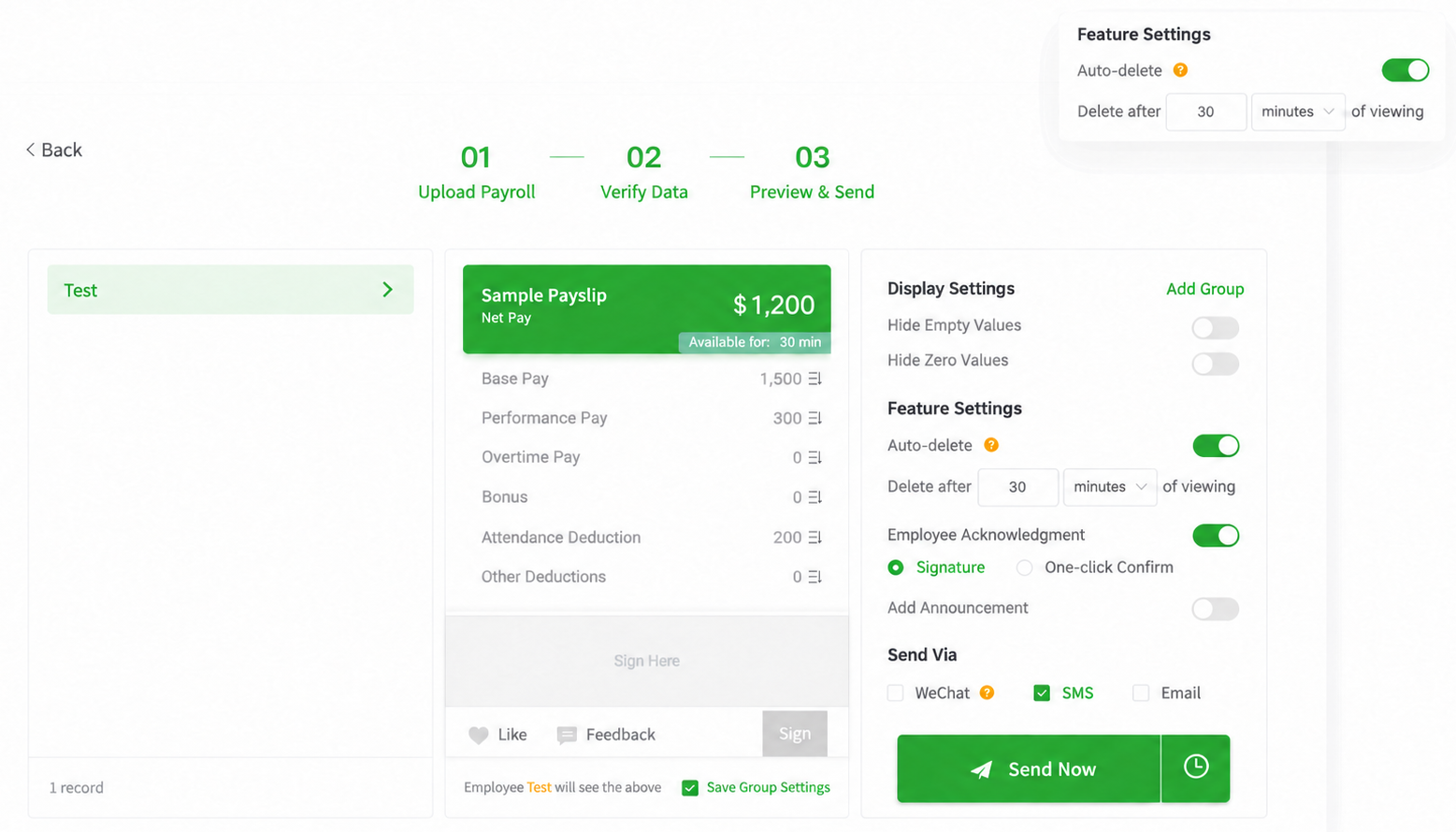 Time-limited payslip access product screen