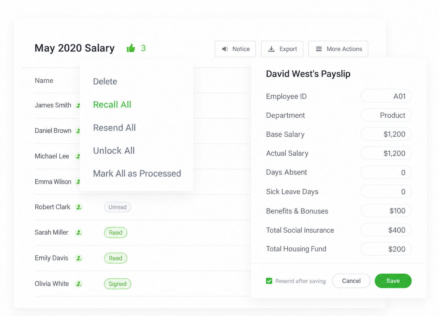 SugarHR product interface: 03 recall edit