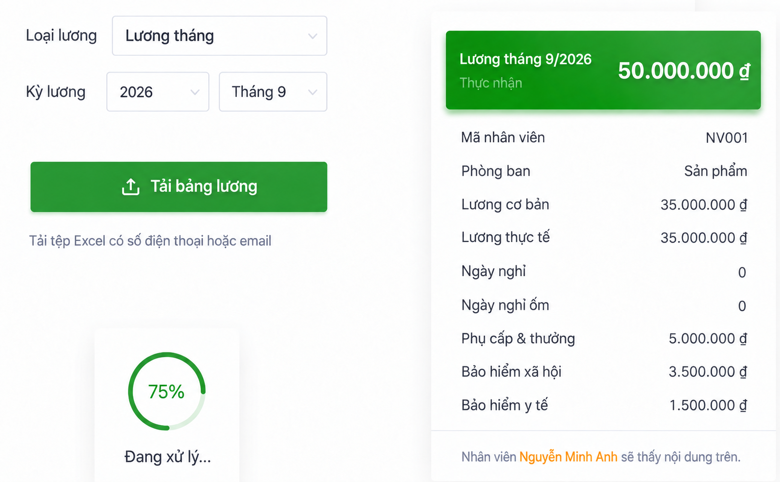 Giao diện SugarHR chuyển bảng lương Excel thành phiếu lương cho nhân viên